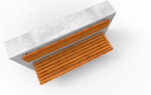 straatmeubilair, zitbanken, beton, glad beton, verticale planken, bevestigd aan de muur, houten rugleuning, houten zitting