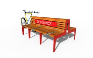 straatmeubilair, dubbelzijdig, zitbanken, logo, voor wiel, houten rugleuning, fietsenrek, houten zitting, meerdere stands