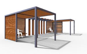 straatmeubilair, overige, zitbanken, houten rugleuning, pergola, houten zitting