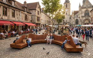 straatmeubilair, zitbanken, dubbelzijdig, moduleerbaar, houten rugleuning, houten zitting, hoge rugleuning