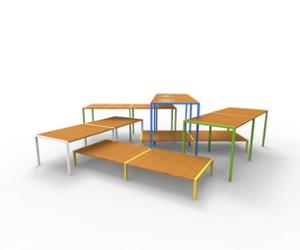 straatmeubilair, bank, dubbelzijdig, moduleerbaar, houten zitting, tafel