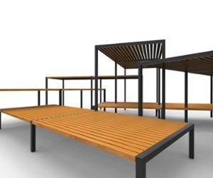 straatmeubilair, bank, dubbelzijdig, moduleerbaar, houten zitting, tafel