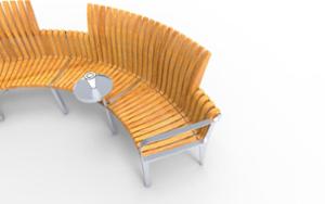 straatmeubilair, zitbanken, moduleerbaar, houten rugleuning, gebogen, armleuning, scandinavian line, houten zitting, kleine tafel