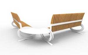 straatmeubilair, zitbanken, moduleerbaar, houten rugleuning, gebogen, houten zitting, kleine tafel, tafel