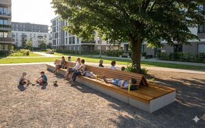 straatmeubilair, bank, zitbanken, beton, glad beton, dubbelzijdig, moduleerbaar, houten rugleuning, houten zitting