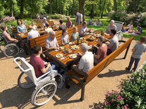straatmeubilair, zitbanken, picknick set, toegankelijk voor mindervaliden, houten rugleuning, houten zitting