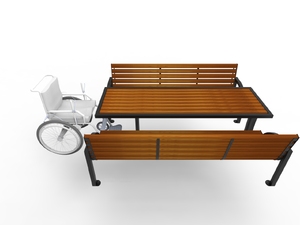 straatmeubilair, zitbanken, picknick set, toegankelijk voor mindervaliden, houten rugleuning, houten zitting