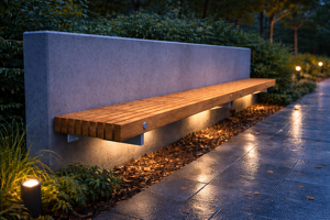 straatmeubilair, bank, beton, glad beton, bevestigd aan de muur, houten zitting