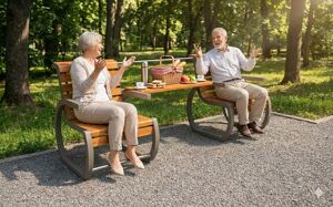 straatmeubilair, zitbanken, houten zitting, houten rugleuning, voor senioren, tafel, kleine tafel, toegankelijk voor mindervaliden