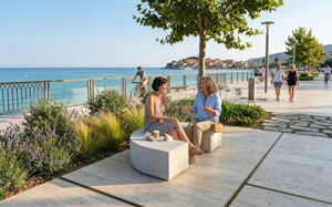 straatmeubilair, bank, gebogen, beton, glad beton, betonnen zitting