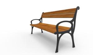mała architektura, ławka, oparcie z drewna, podłokietnik, siedzisko z drewna, stylizowane