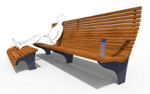 mała architektura, ławka, oparcie z drewna, podnóżek, siedzisko z drewna, stylizowane, wysokie oparcie