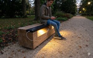 mała architektura, ława, solarny, fotowoltaika, gniazdo 230v i/lub usb, kłoda, ładowarka qi/indukcyjna, siedzisko z drewna, stolik
