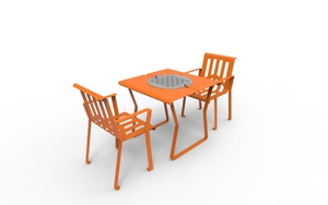 mała architektura, fotel / krzesło, jednoosobowe, ławka, obrotowa szachownica, oparcie ze stali, siedzisko ze stali, stół, szachy