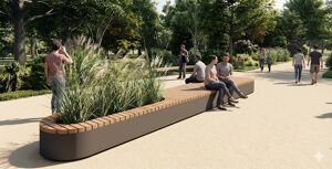 mobilier stradal, jardiniera, banca, lemn, curbat, scaune din lemn