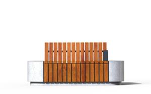 mobilier stradal, banca, sezuturi, beton, beton finisat, 230v si/sau priza usb, modular, spatar din lemn, cotiera, scaune din lemn