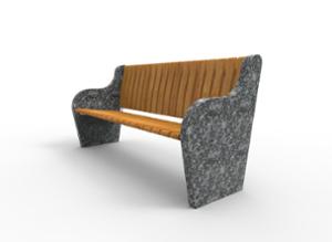 gatumöbler, bänk, granit, logo, ryggstöd av trä, sittplatser av trä