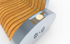 gatumöbler, bänk, 230v uttag med usb, induktion/qi laddare, ryggstöd av trä, sittplatser av trä