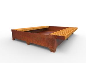 gatumöbler, bänk, planteringskärl, stål, sittplatser av trä, logo, mobil (pallet jack compatible) (palltruckskompatibel), dubbelsidig, corten